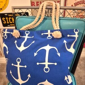Nautical Blue With Anchors Lined Beach Bag